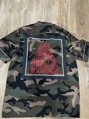 Valentino Camo Button-Down Shirt with Red Graphic Back